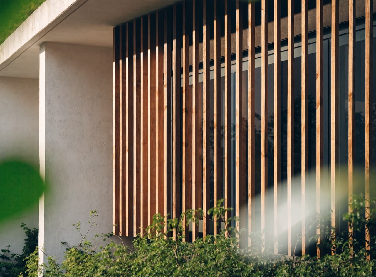 Close-up of a timber-screened facade
