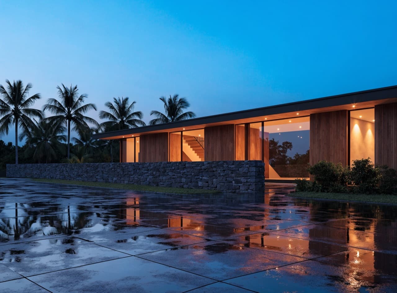 Landed house at dusk
