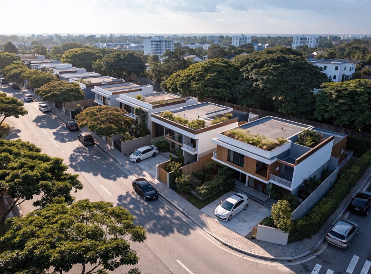 Aerial view of a landed-housing street